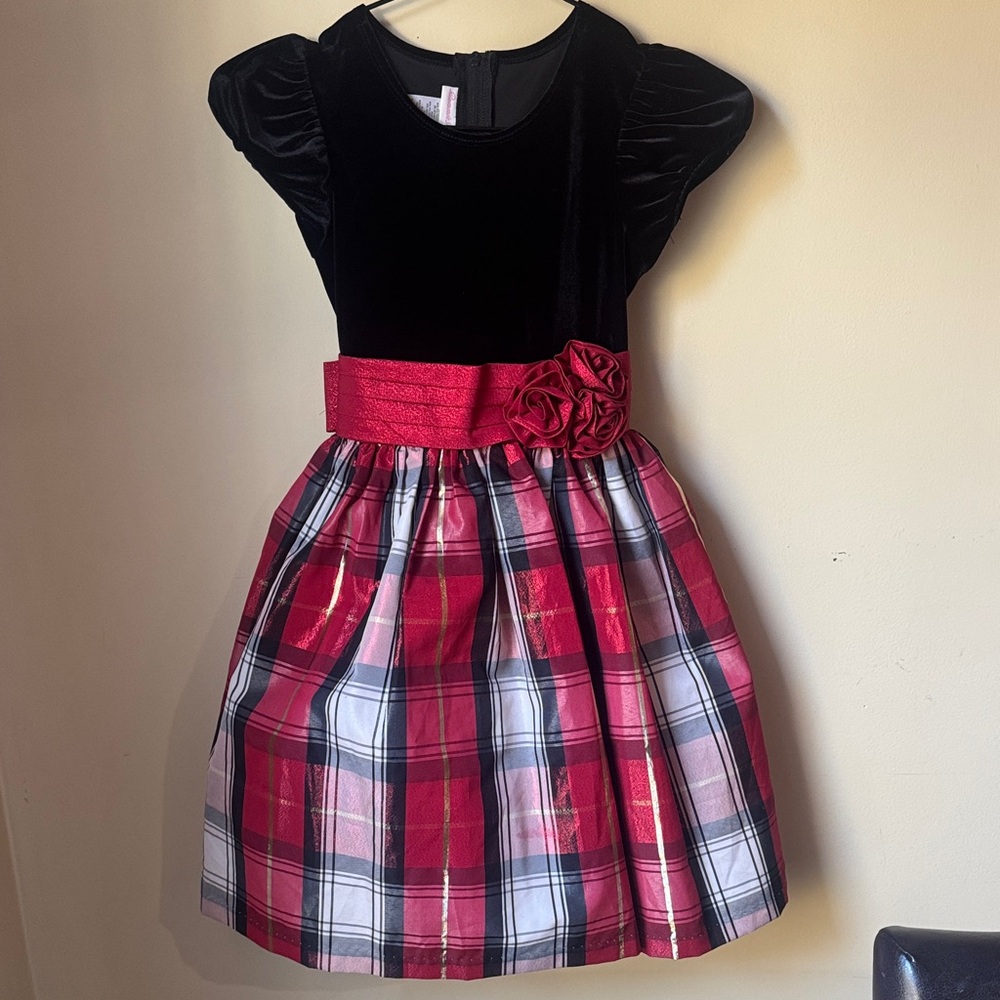 Plaid Dress with Velvet Top and Red Belt